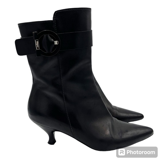 Salvatore Ferragamo Shoes - Salvatore Ferragamo Leather Logo Buckle Kitten Heel Low Black Boots Witchy